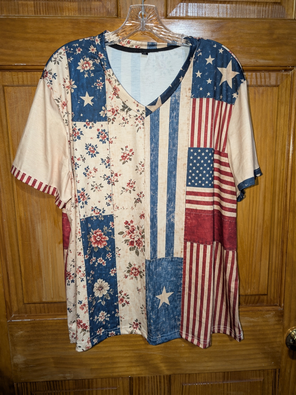 Women's Patriotic Patchwork Tee - Blue, Red & Cream